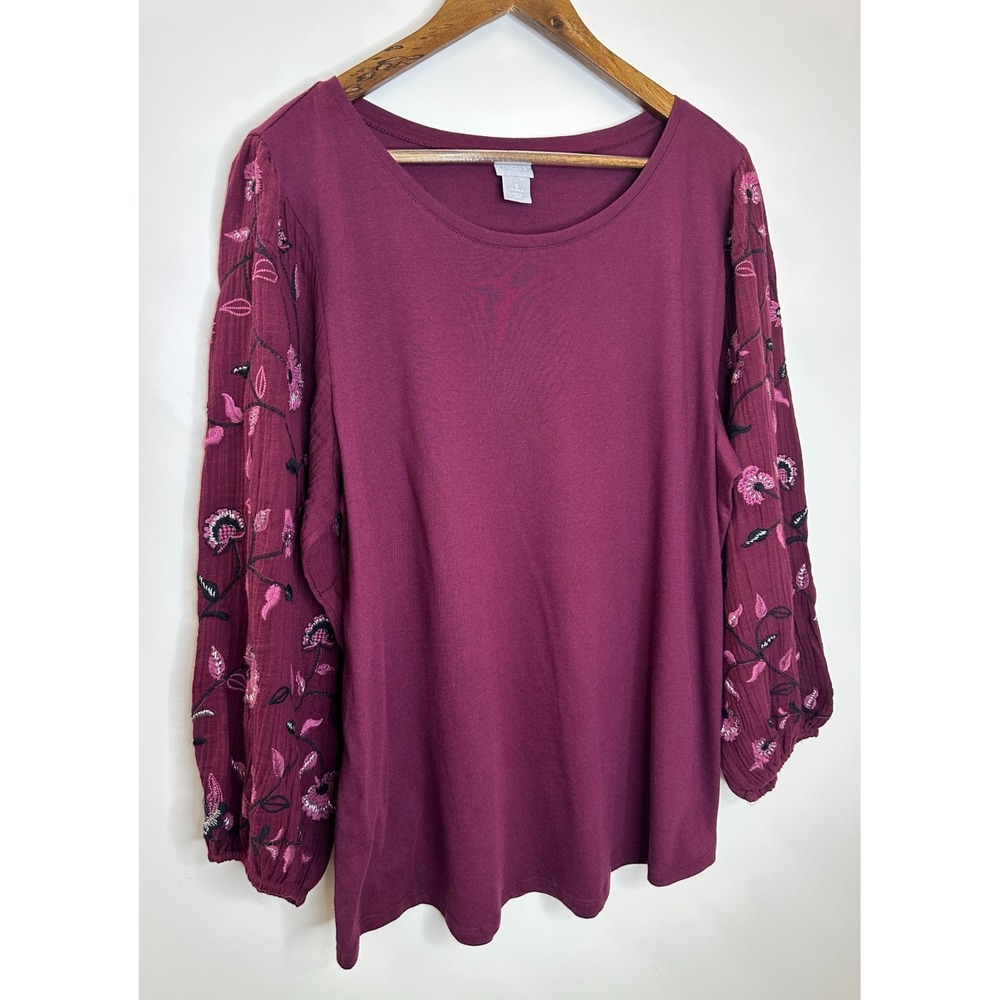 Chico's Embroidered Floral Balloon Sleeve Knit Top Women's Size 3 16 XL Burgundy - Picture 3 of 9